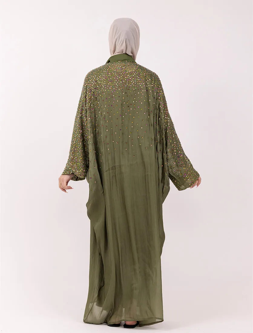 Olive Multi Crystal Embellished Sheer Overlay Abaya